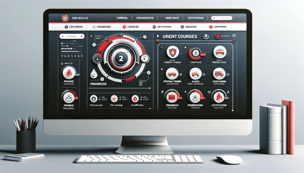 professional and engaging educational web interface for a fire rescue training platform. The screen shows a user dashboard with multiple sections_ c
