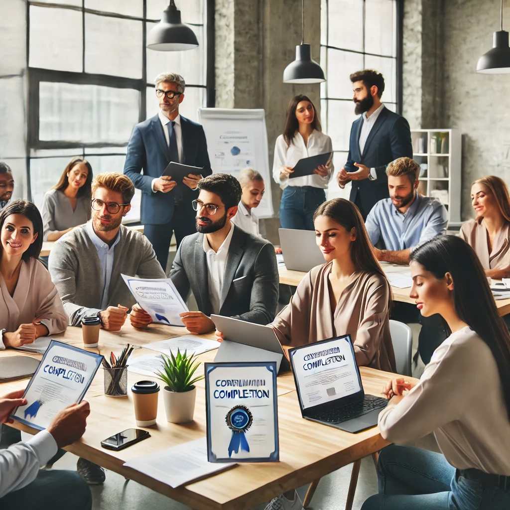 About Us – A group of diverse professionals gathered around a table in a modern, collaborative learning environment, engaged in discussion and act