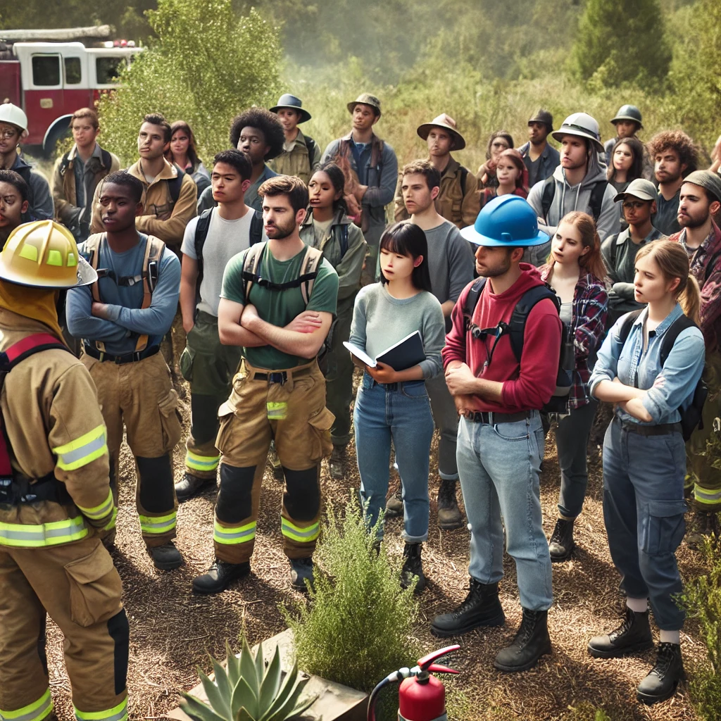 About Us - A group of diverse students and professionals engaged in an outdoor training session with a focus on firefighting and environmental conservation. The